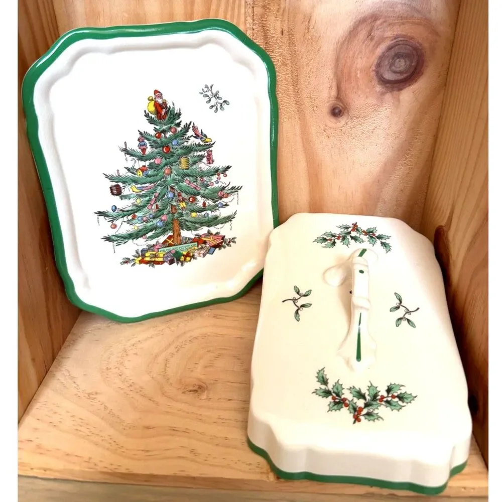 Spode Christmas Cream Cheese Wedge Dish with Handled Lid Size 7 5/8 Length - Picture 2 of 7